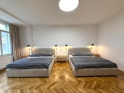 a kitchen with a sink and a stove top oven at Spacious Apartment on Wenceslas Square in Prague