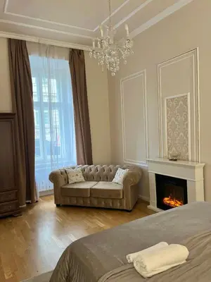 a living room with a couch and a fireplace at AngeloRoma Apartment in the center in Prague