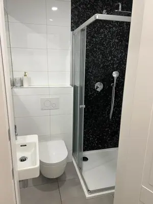 a bathroom with a shower and a toilet and a sink at AngeloRoma Apartment in the center in Prague