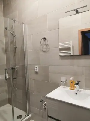 a bathroom with a shower and a sink at Brand New Apartments in Prague