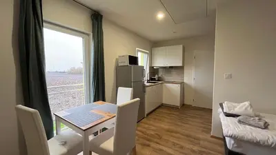 a kitchen and dining room with a table and a window at Apartment Golden Prague 78 in Vestec