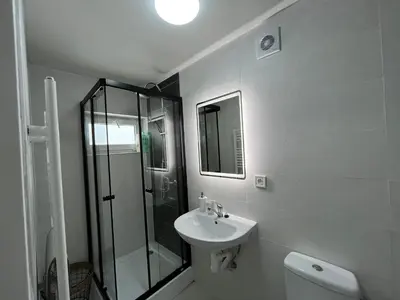 a white bathroom with a shower and a sink at Apartment Golden Prague 78 in Vestec