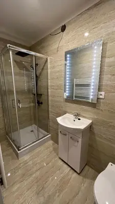 a bathroom with a shower and a sink and a toilet at Apartment Golden Prague 78 in Vestec