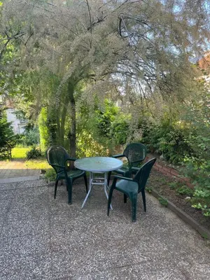 a table and four chairs sitting next to a tree at Apartmán Colette in Prague