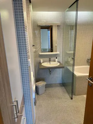 a bathroom with a sink and a toilet and a shower at Cozy apartment in Prague