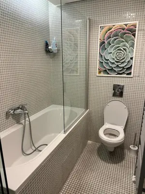 a bathroom with a tub and a toilet and a shower at Cozy apartment in Prague