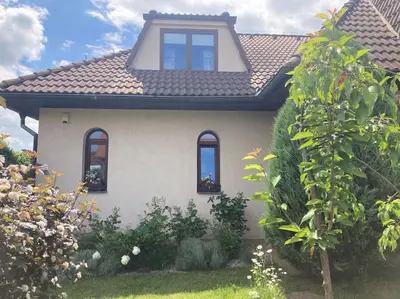 a house with three windows and a roof at Spacious villa with an outdoor pool in Černošice in Černošice