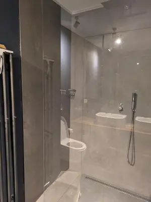 a bathroom with a shower with a toilet and a sink at Michal apartment 125m2 city centre in Prague
