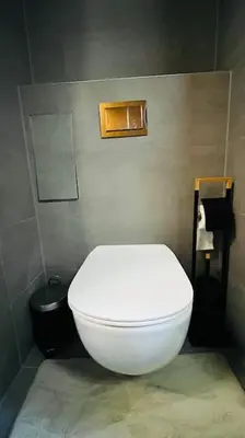 a bathroom with a white toilet in a room at Apartment Holesovice, garden, garage in Prague