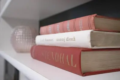 a stack of books sitting on a shelf at Modern Apartment in the Center of Prague in Prague