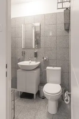 a bathroom with a white toilet and a sink at Skolska Junior apartment in Prague