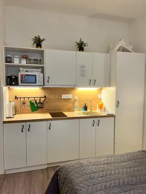 a kitchen with white cabinets and a bed in a room at Maria Apartment Liben in Prague