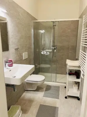 a bathroom with a shower and a toilet and a sink at Maria Apartment Liben in Prague