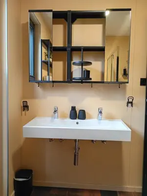 a bathroom with a white sink and a mirror at Chata Budka - parties not allowed in Hradištko