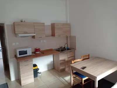 a small kitchen with a table and a microwave at Penzion Pralinka in Rakovník