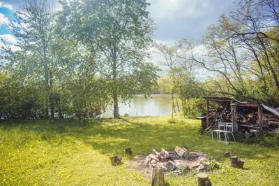a pile of wood in a field next to a lake at Chalupa Ořešák - Walnut House in Svojšice