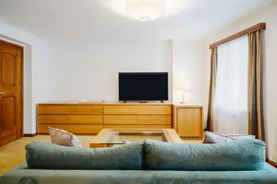 a living room with a couch and a tv at U modrého orla - At the blue eagle in Prague