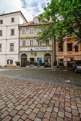 a cobblestone street in front of a building at U modrého orla - At the blue eagle in Prague