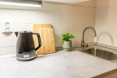 a blender sitting on a kitchen counter next to a sink at Primavera - Castle view apartments in Prague