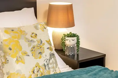 a bed with a lamp and a cactus on a night stand at Primavera - Castle view apartments in Prague