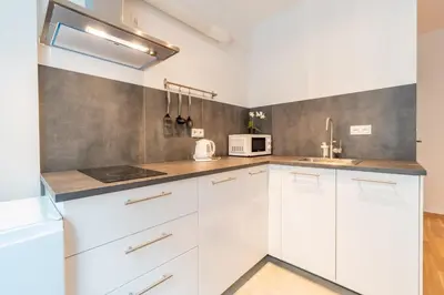 a kitchen with white cabinets and a sink at Brand new two room apartment #26 with free secure parking close to center in Prague