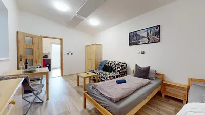 a living room with a couch and a chair at Apartmán Višňová in Milovice