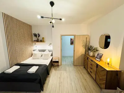a bedroom with a large bed and a mirror at NiceLovely & Prague Apartment Dlouha in Prague