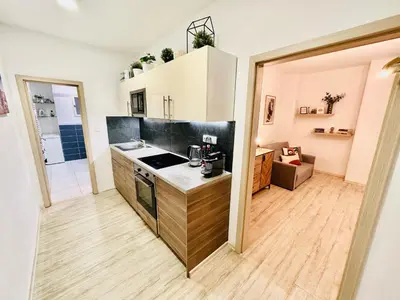 a kitchen with a sink and a stove at NiceLovely & Prague Apartment Dlouha in Prague