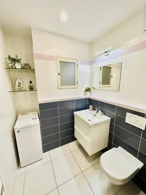 a bathroom with a toilet and a sink at NiceLovely & Prague Apartment Dlouha in Prague