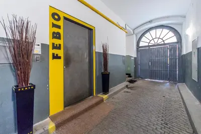 an empty hallway with a yellow door and potted plants at Rose Antique Apartment in Prague