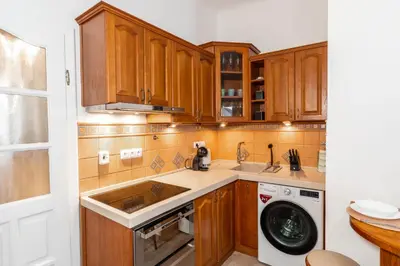 a kitchen with wooden cabinets and a washing machine at Charming Apartment in Lesser Town in Prague