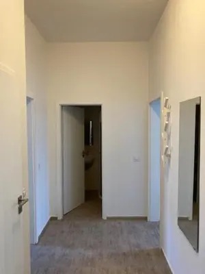 a hallway with white walls and a hallway with doors at Erbenova Apartments in Prague