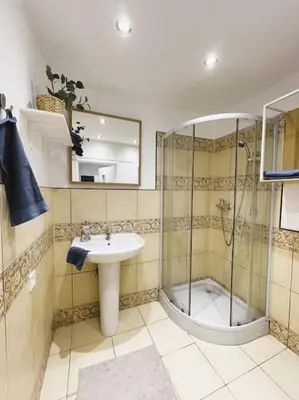 a bathroom with a sink and a shower at Flat white flat in Prague