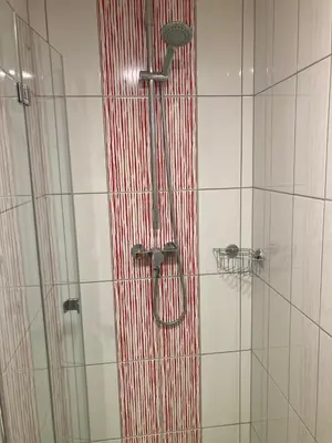 a shower in a bathroom with a glass door at Capsule hostel Erbenova in Prague