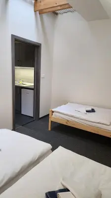 a room with two beds and a mirror at Penzion-Dubno in Dubno