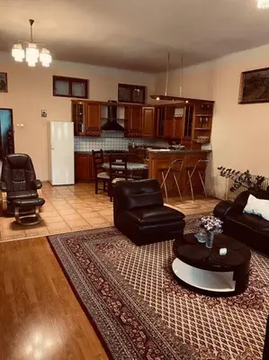 a living room with a couch and chairs and a kitchen at soukromý apartmán Přemysl in Nymburk
