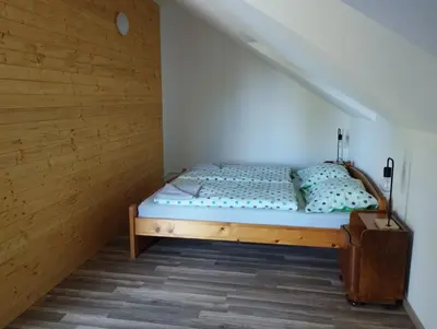 a bed in a room with a wooden wall at Apartmány Svatá in Zdice