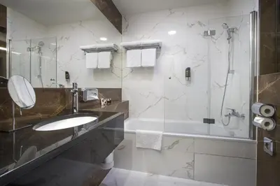 a bathroom with a sink and a shower at Hotel Essence in Prague