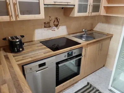 a small kitchen with a sink and a stove at Sunflower Prague Apartments and suites in Prague