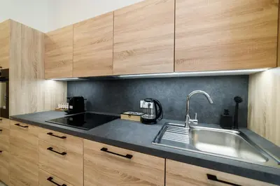 a kitchen with a sink and wooden cabinets at New apartments near Dancing house in Prague