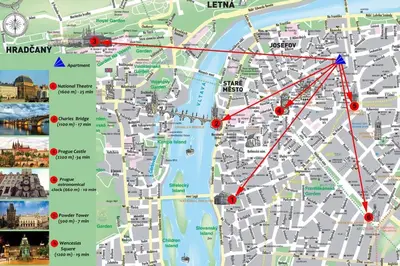 a map of the city of lyon with red dots at Dlouha Apartment 2BD in Prague