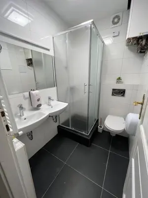 a bathroom with a shower and a sink and a toilet at Hostel Jasmin in Prague