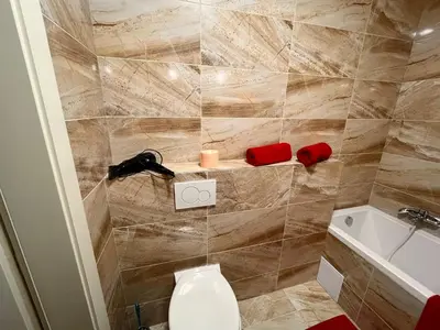 a bathroom with a shower with a toilet and a tub at Riverbridge Apartments Prague in Prague