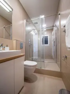 a bathroom with a shower and a toilet and a sink at Top class apartment in old town 2 bedrooms in Prague