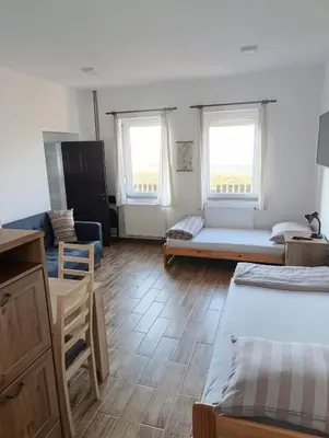 a living room with two beds and a couch at Apartmán v blízkosti města Štětí in Štětí