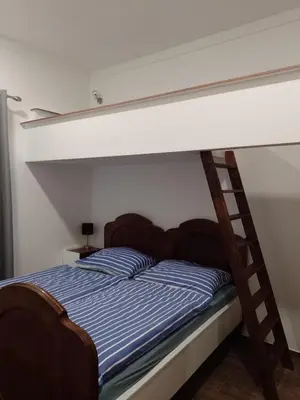 a bedroom with a bunk bed with a ladder at Penzion Litohlavy 17 - Na samotě u lesa in Králŭv Dvŭr