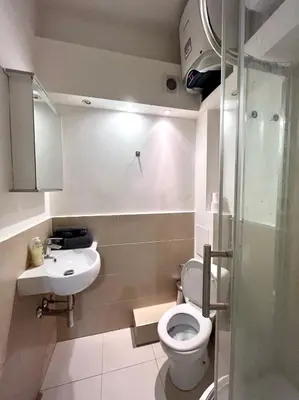 a bathroom with a toilet and a sink and a shower at Quiet apartment close to center in Prague