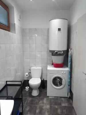 a bathroom with a toilet and a washing machine at Nižbor samostatný domek v zahradě in Nižbor