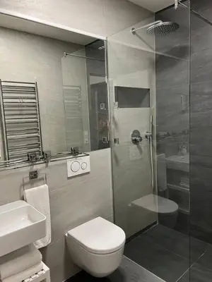 a bathroom with a shower and a toilet and a sink at CITY CENTRUM CHARMING apartment in Prague