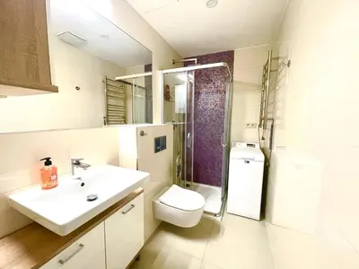 a bathroom with a sink and a toilet and a shower at Centrum Bohemia Apartment in Prague